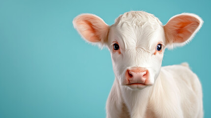 A young calf stands calmly, showcasing its soft white fur and prominent large blue eyes. The light blue backdrop emphasizes its innocent expression and gentle demeanor