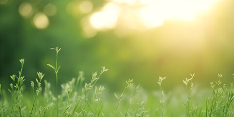 Simmer minimalistic banner with green grass and blurry  background. Ecology and eco-friendly farming illustration. Sunny day in countryside.