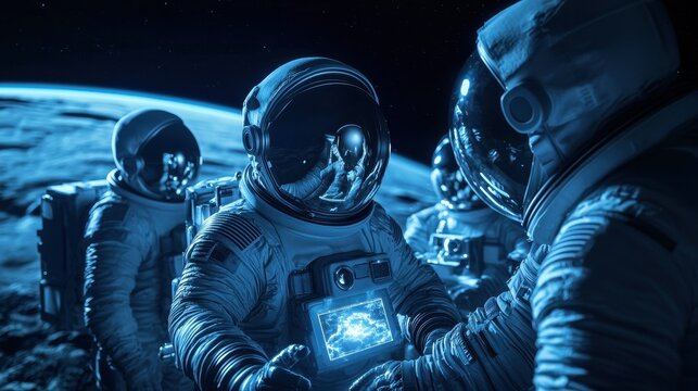 Astronauts Collaborating on Moon Surface with Earth in Background