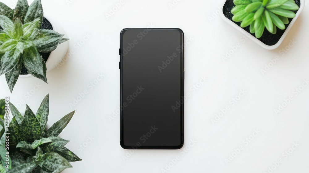 Poster flat lay of smartphone with blank screen and succulents on white background.