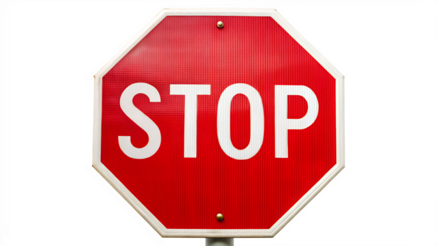 Bold Red Stop Sign with White Text on Transparent Background for Traffic Control and Safety Instructions