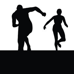 Two figures in dynamic poses, captured in stark black silhouettes against a white backdrop.