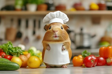 A guinea pig, dressed as a chef and wearing an apron and white hat, stands on its hind legs in front of a kitchen counter with fruits and vegetables.