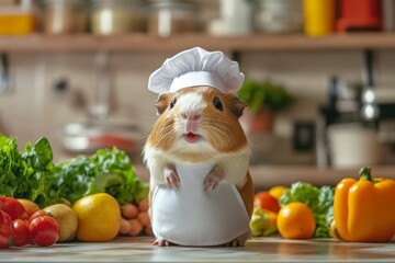 A guinea pig, dressed as a chef and wearing an apron and white hat, stands on its hind legs in front of a kitchen counter with fruits and vegetables.
