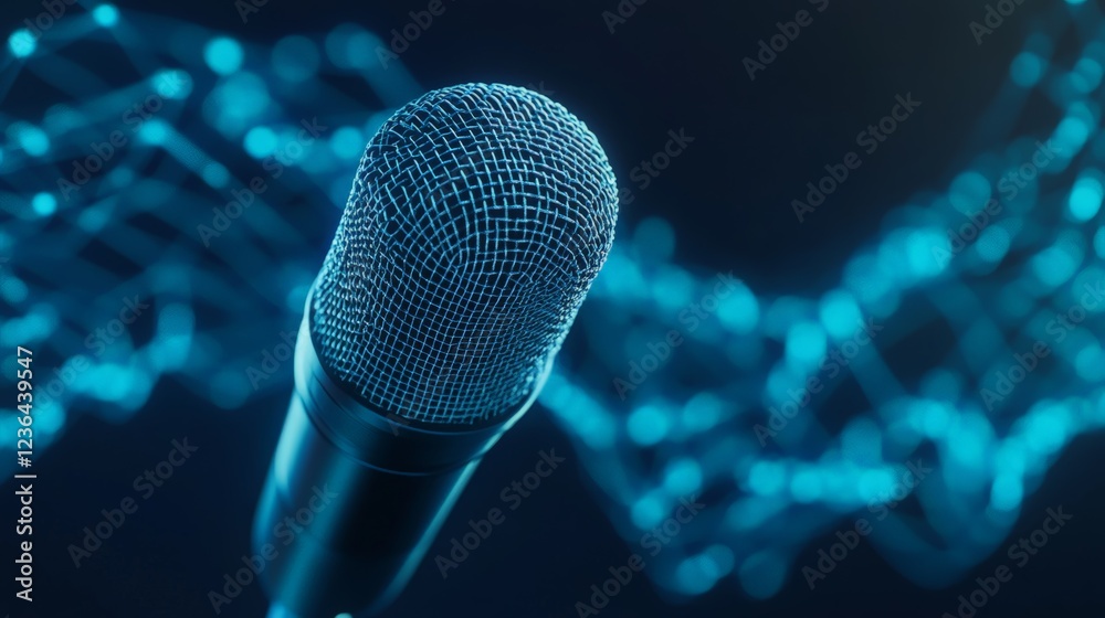 Poster professional microphone recording audio waves visualized as a stream of glowing connected dots, repr