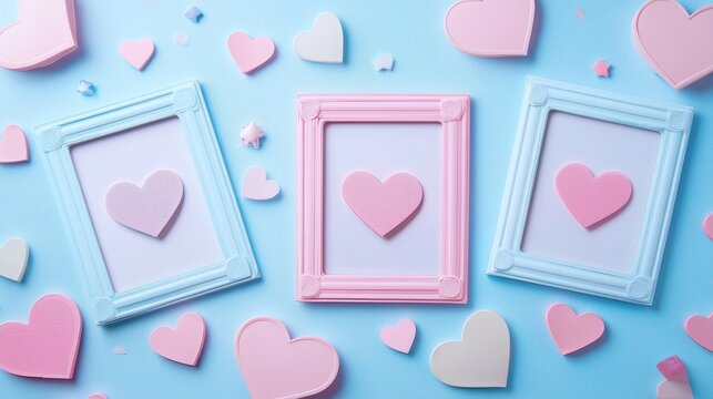 Polaroid frame set featuring UV-reactive heart borders, glowing pink edges, and subtle romantic symbols, cut out on white