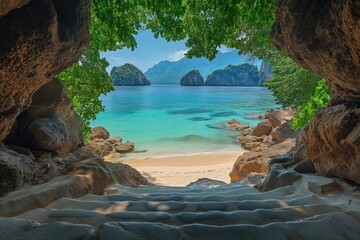 Stunning coastal view from a rocky cave revealing crystal clear water and sandy beach
