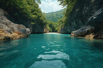 Serene turquoise lagoon surrounded by lush greenery in a tropical paradise