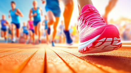 A close-up of a vibrant pink running shoe in focus, while runners in athletic attire race on a bright track during a lively running event on a sunny day