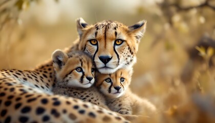 Obraz premium Cheetah Mother Nurturing Cubs Tenderly Golden Savanna Background