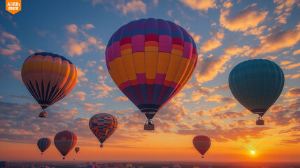 Obraz premium Few Hot Air Balloons in Flight on sunset sky background. Festival of colored balloons. Outdoor, Colorful