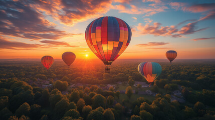 Few Hot Air Balloons in Flight on sunset sky background. Festival of colored balloons. Outdoor, Colorful