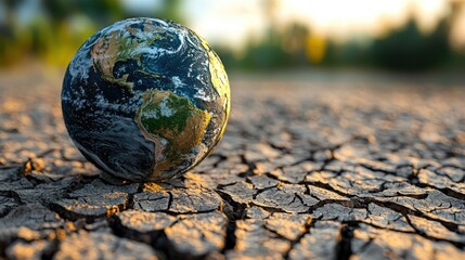 Earth on cracked soil during sunset symbolizes climate change and environmental impact