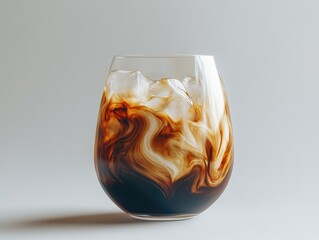 A glass of coffee with ice cubes in it. The coffee is brown and has a swirl pattern
