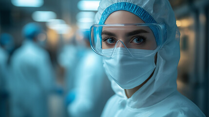 Close Up of a Female Electronics Factory Worker in Work Coat and Protective Glasses . High Tech Factory Facility with more Employees in the Background