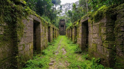 Ancient Stone Structures Surrounded by Lush Green Jungle Landscape