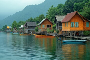 Naklejka premium Colorful wooden houses on stilts by the calm waters of a mountain lake in a peaceful village