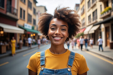 Fototapeta premium young woman with curly afro standing in bustling street smiling
