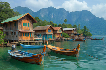 Scenic wooden houses and colorful boats on calm water surrounded by mountains in tropical area