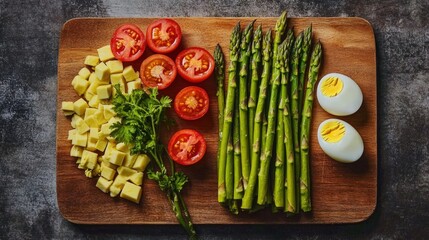Wooden cutting board with asparagus, cherry tomatoes, cheese, eggs and spring onions for gourmet meal preparation.