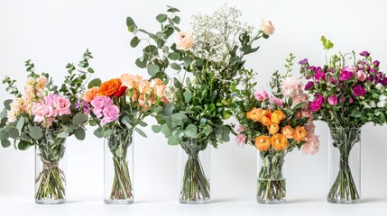 Obraz premium Assorted modern bouquets in transparent glass vases, featuring a variety of romantic flowers and greenery, high-resolution cut out on white background