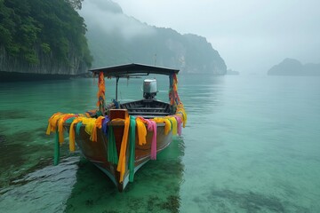 Colorful boat anchored in serene waters surrounded by misty green hills in a secluded bay