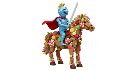 A brave cartoon knight riding a horse made entirely of candy.
