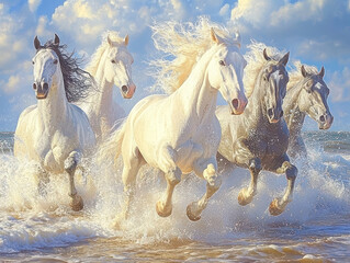 Five magnificent horses galloping along the seashore. Their fair manes flutter in the wind and their powerful hooves kick up splashes of water, creating a sense of speed and power.  