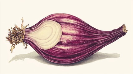 Vivid botanical drawing of a bunch of red onions with green stalks and leaves.