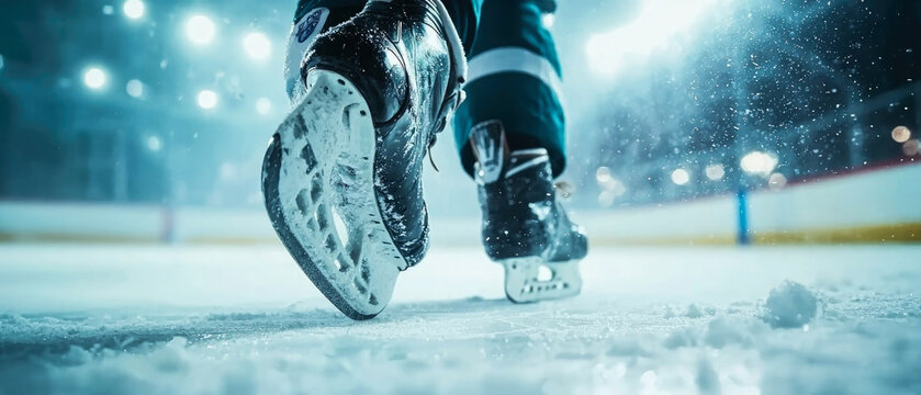 Dynamic close-up of a hockey player’s skates gliding on the ice, kicking up snow.Intense arena lights, action-packed energy, pro-level speed capture the thrill of competitive ice hockey.Generative ai