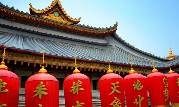 Red Lanterns at a Chinese Temple:  A row of vibrant red lanterns adorned with gold calligraphy hangs in front of a traditional Chinese temple, creating a festive and celebratory atmosphere.