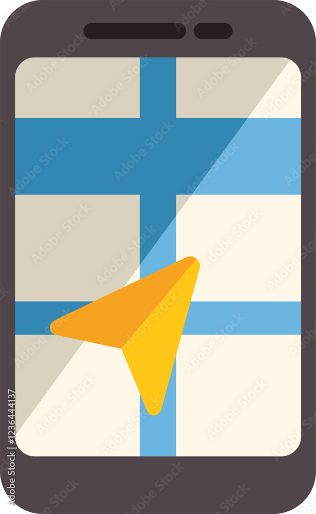 Poster smartphone is showing a map with a gps navigation app interface on screen, concept of using mobile p