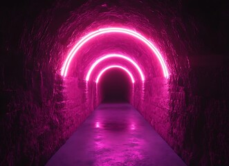 Fototapeta premium Exploring a Dark Tunnel with Neon Pink Illumination, Glowing Arches & Futuristic Cyberpunk Hallway – Sci-Fi Digital Art & Retro-Futuristic Architecture