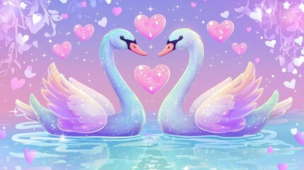 Set of cartoon-style Valentines swans with heart motifs and glowing pastel colors, perfect for cute and romantic designs