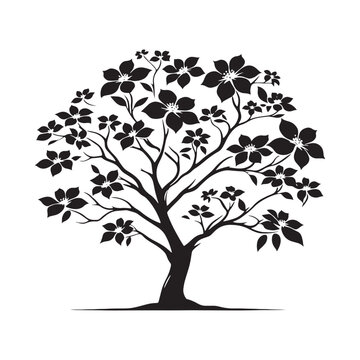 black flowering tree silhouette on white clip art preview