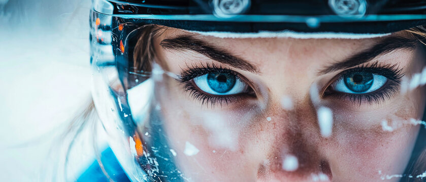 Dynamic close-up of female hockey player in helmet with a cage visor, focused and determined. Bright hockey arena lights, motion add intensity, perfect for sports,competition,tournament.Generative ai