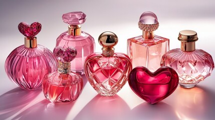 Collection of high-end Valentines perfumes, featuring glowing pink and red bottles with intricate heart-shaped stoppers, isolated on white