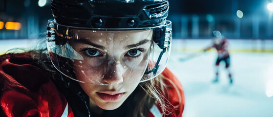 Dynamic close-up of female hockey player in helmet with a cage visor, focused and determined. Bright hockey arena lights, motion add intensity, perfect for sports,competition,tournament.Generative ai
