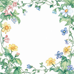 A square watercolor floral frame adorned with delicate wildflowers in bright tones. 