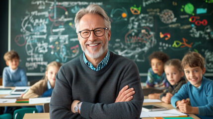 A knowledgeable teacher stands proudly in front of a vibrant classroom filled with curious children. The students are absorbed in their work, showing interest in science topics
