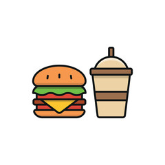 Drink and hamburger set icon represents fast food and casual dining, perfect for restaurant branding, menu designs, food delivery apps, and culinary-themed visuals.