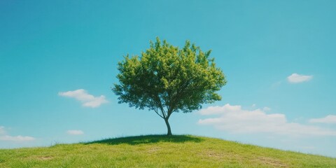 Fototapeta premium a single tree on green grass with a blue sky background, symbolizing the environment and sustainability in nature. Front view. Copy space on the left. 