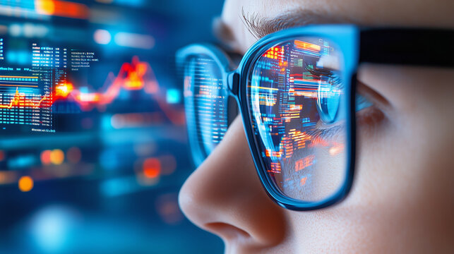 A person with glasses gazes intently at a screen filled with colorful data visualizations, reflecting graphs and digital analytics in their lenses, highlighting technology and focus