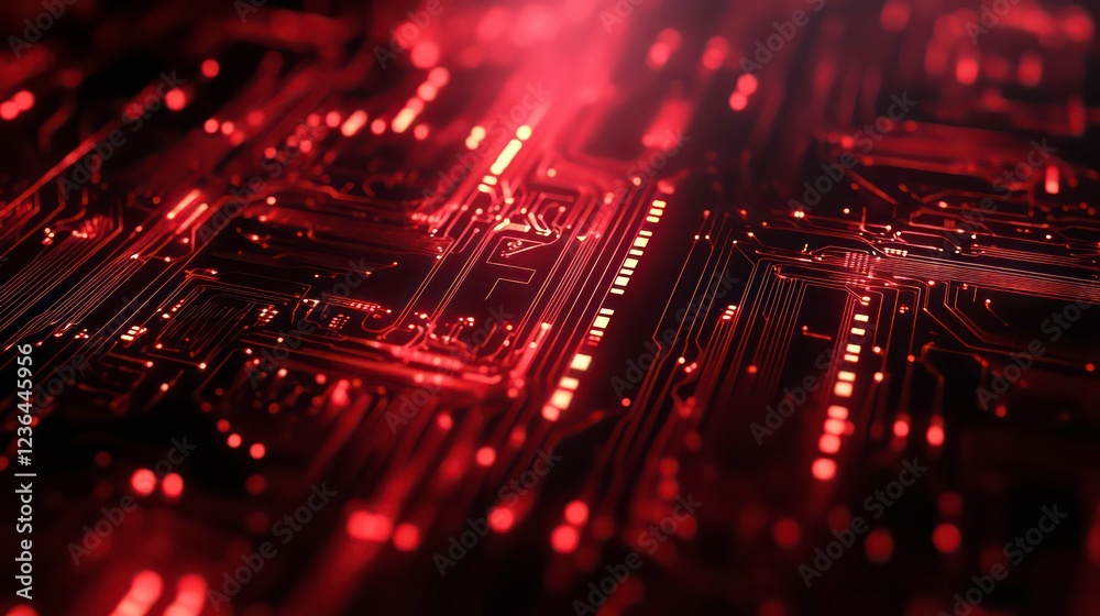Poster Close-up of a red illuminated circuit board with intricate pathways and glowing components.