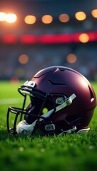 American football helmet rests on lush green grass, bokeh lights blur background , background, design element, protective gear