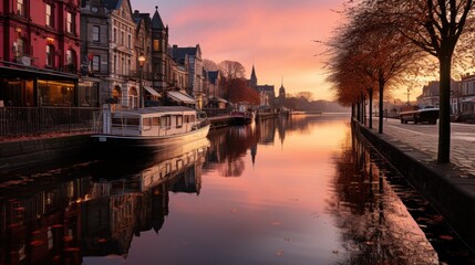 Obraz premium Serene Autumn Sunrise over Bruges Canal