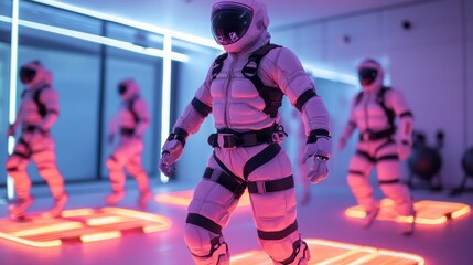 Futuristic Astronauts Walking in Neon-Lit Sci-Fi Environment