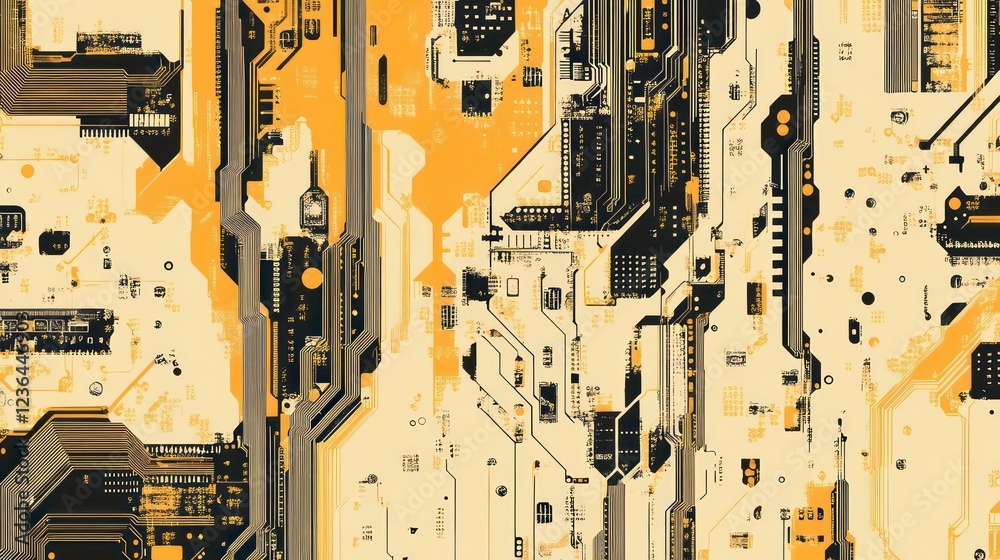 Poster abstract digital circuit board texture in yellow and black.