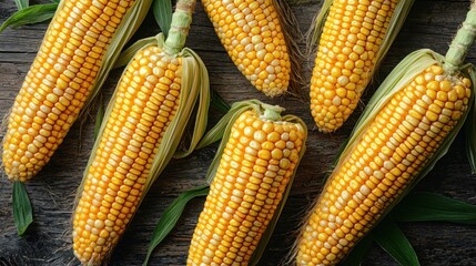 Fresh corn cobs on rustic wood table, top view, harvest concept