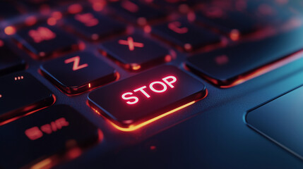 Close-up red stop button glowing on dark laptop keyboard, signaling pausing or blocking digital workflow